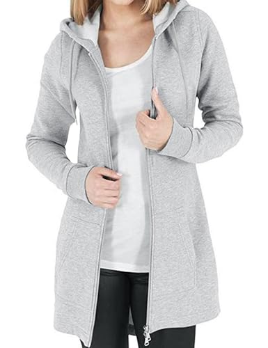 Vancavoo Fleecejacke Damen Lang Winterjacke Sweatjacke Kapuzenjacke Zip Kapuzenpullover Lose Jacken Einfarbig Sweatshirt Langen Mantel Cardigan Outwear Mit Taschen,Hellgrau L von Vancavoo