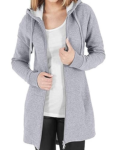 Vancavoo Fleecejacke Damen Lang Winterjacke Sweatjacke Kapuzenjacke Zip Kapuzenpullover Lose Jacken Einfarbig Sweatshirt Langen Mantel Cardigan Outwear Mit Taschen,Hellgrau XXL von Vancavoo