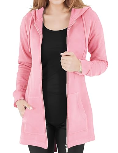 Vancavoo Fleecejacke Damen Lang Winterjacke Sweatjacke Kapuzenjacke Zip Kapuzenpullover Lose Jacken Einfarbig Sweatshirt Langen Mantel Cardigan Outwear Mit Taschen,Rosa,XXL von Vancavoo