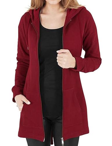 Vancavoo Fleecejacke Damen Lang Winterjacke Sweatjacke Kapuzenjacke Zip Kapuzenpullover Lose Jacken Einfarbig Sweatshirt Langen Mantel Cardigan Outwear Mit Taschen,Rotwein XL von Vancavoo