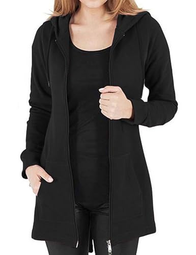 Vancavoo Fleecejacke Damen Lang Winterjacke Sweatjacke Kapuzenjacke Zip Kapuzenpullover Lose Jacken Einfarbig Sweatshirt Langen Mantel Cardigan Outwear Mit Taschen,Schwarz M von Vancavoo