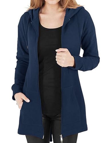 Vancavoo Fleecejacke Damen Lang Winterjacke Sweatjacke Kapuzenjacke Zip Kapuzenpullover Lose Jacken Einfarbig Sweatshirt Langen Mantel Cardigan Outwear Mit Taschen (Marine, S) von Vancavoo