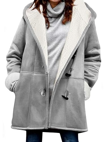 Vancavoo Fleecejacke Damen Sweatjacke mit Kapuze Strickjacken Lang Fleecejacke Winterjacke Lammfell Fleece Kapuzenjacke Winter Warme Mantel Kapuzenpullover,Hellgrau,S von Vancavoo