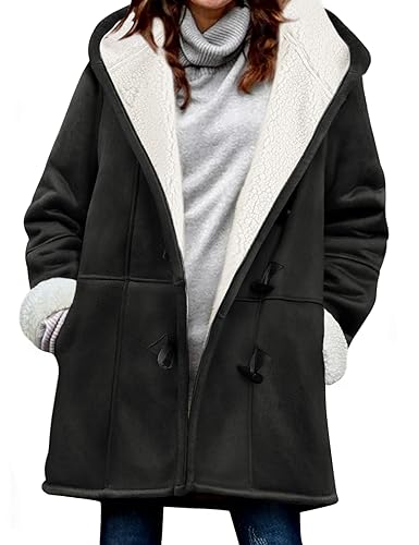 Vancavoo Fleecejacke Damen Sweatjacke mit Kapuze Strickjacken Lang Fleecejacke Winterjacke Lammfell Fleece Kapuzenjacke Winter Warme Mantel Kapuzenpullover,Schwarz,M von Vancavoo