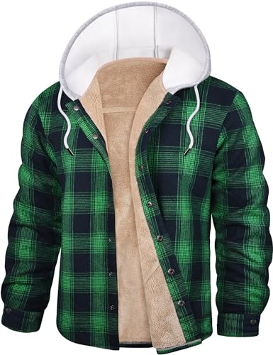 Vancavoo Holzfällerhemd Herren Gefüttert Thermohemd Flanellhemd Hooded Holzfäller Jacke Karierte Hemdjacke Kapuze Freizeithemd Winter Herbst Hemd,Grün+Blau,XL von Vancavoo