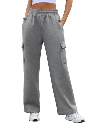 Vancavoo Jogginghose Damen Baggy Cargohose Freizeithose Warme Fleece Baumwolle Sporthose High Waist Sweathose Sweatpants Weites Bein Outdoor Traininghose,Dunkelgrau,M von Vancavoo