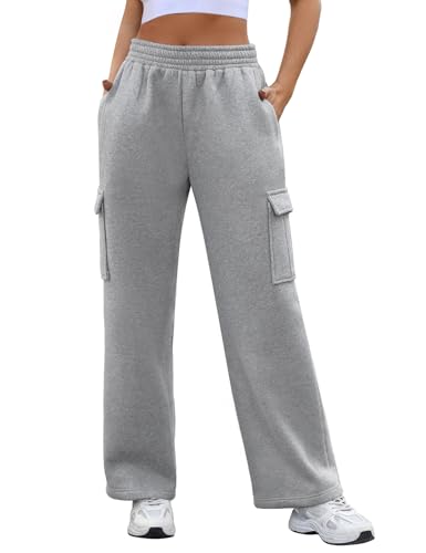 Vancavoo Jogginghose Damen Baggy Cargohose Freizeithose Warme Fleece Baumwolle Sporthose High Waist Sweathose Sweatpants Weites Bein Outdoor Traininghose,Grau,L von Vancavoo