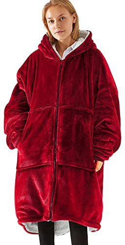 Vancavoo Kuschelpullover Damen Herren Deckenpullover Flanell Decke Hoodie Sweatshirt Übergröße Pulli Decken Oversize Mantel mit Reißverschluss und Riesiger Tasche,Rotwein von Vancavoo
