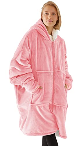 Vancavoo Kuschelpullover Damen Herren Deckenpullover Flanell Decke Hoodie Sweatshirt Übergröße Pulli Decken Oversize Mantel mit Reißverschluss und Riesiger Tasche (Rosa) von Vancavoo