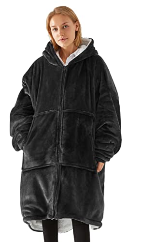 Vancavoo Kuschelpullover Damen Herren Deckenpullover Flanell Decke Hoodie Sweatshirt Übergröße Pulli Decken Oversize Mantel mit Reißverschluss und Riesiger Tasche (Schwarz) von Vancavoo