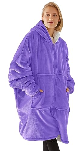 Vancavoo Kuschelpullover Damen Herren Deckenpullover Flanell Decke Hoodie Sweatshirt Übergröße Pulli Decken Oversize Mantel mit Reißverschluss und Riesiger Tasche (violett) von Vancavoo