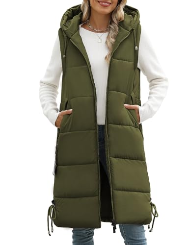 Vancavoo Lange Jacke Weste für Damen Ärmellose Steppweste mit kapuze Daunenweste Übergangsweste Winterjacke Longweste Leichte Warm Gesteppt Winterweste Mänte,Armeegrün,S von Vancavoo