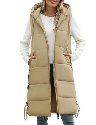 Vancavoo Lange Jacke Weste für Damen Ärmellose Steppweste mit kapuze Daunenweste Übergangsweste Winterjacke Longweste Leichte Warm Gesteppt Winterweste Mänte,Khaki,S von Vancavoo