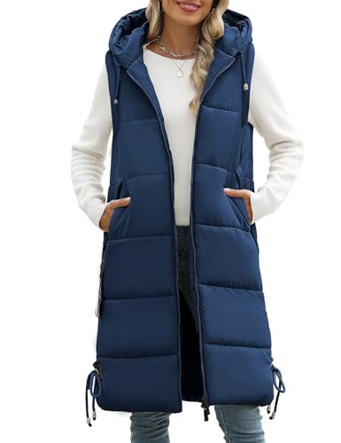 Vancavoo Lange Jacke Weste für Damen Ärmellose Steppweste mit kapuze Daunenweste Übergangsweste Winterjacke Longweste Leichte Warm Gesteppt Winterweste Mänte,Marineblau,XL von Vancavoo
