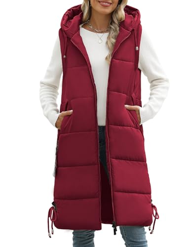 Vancavoo Lange Jacke Weste für Damen Ärmellose Steppweste mit kapuze Daunenweste Übergangsweste Winterjacke Longweste Leichte Warm Gesteppt Winterweste Mänte,Rotwein,XL von Vancavoo