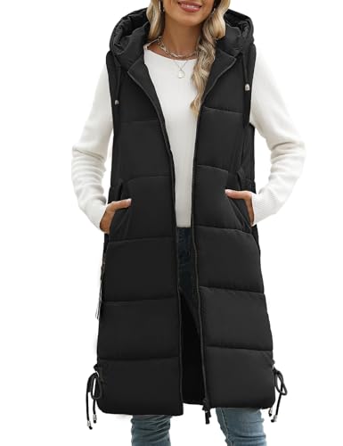 Vancavoo Lange Jacke Weste für Damen Ärmellose Steppweste mit kapuze Daunenweste Übergangsweste Winterjacke Longweste Leichte Warm Gesteppt Winterweste Mänte,Schwarz,L von Vancavoo