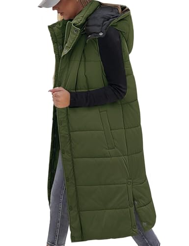 Vancavoo Lange Weste Damen mit Kapuze Ärmellose Steppweste Lang Daunenweste Übergangsweste Winterjacke Longweste Leichte Warm Gesteppt Winterweste Mäntel,Armeegrün,M von Vancavoo