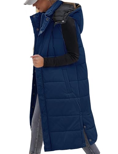 Vancavoo Lange Weste Damen mit Kapuze Ärmellose Steppweste Lang Daunenweste Übergangsweste Winterjacke Longweste Leichte Warm Gesteppt Winterweste Mäntel,Marineblau,S von Vancavoo
