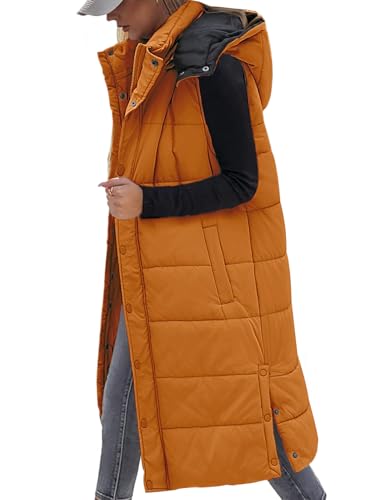 Vancavoo Lange Weste Damen mit Kapuze Ärmellose Steppweste Lang Daunenweste Übergangsweste Winterjacke Longweste Leichte Warm Gesteppt Winterweste Mäntel,Orange,L von Vancavoo