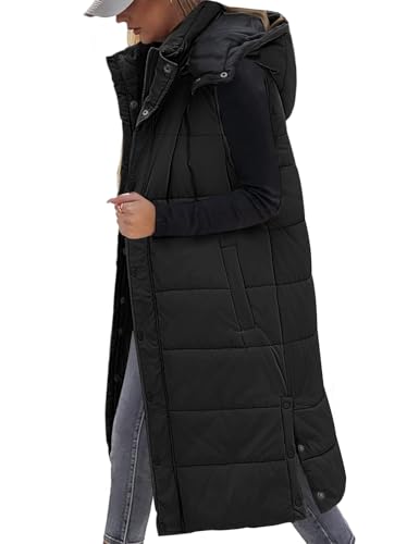 Vancavoo Lange Weste Damen mit Kapuze Ärmellose Steppweste Lang Daunenweste Übergangsweste Winterjacke Longweste Leichte Warm Gesteppt Winterweste Mäntel,Schwarz,L von Vancavoo