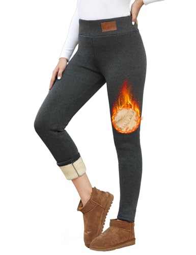 Vancavoo Leggins Gefüttert Damen Thermo Leggings Winter Thermoleggins High Waist Warme Gefüttert Thermo-Leggings Dicke Flauschige Fleece Lässige Winterleggings Thermohosen,Grau+Leder,M von Vancavoo