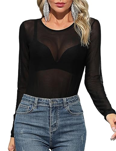 Vancavoo Mesh Body Damen Spitzenbody Langarm Schwarz Sexy Spitze Bodysuit Sheer Corset Top Netzoberteil Unterwäsche Oberteil,Schwarz-A,S von Vancavoo