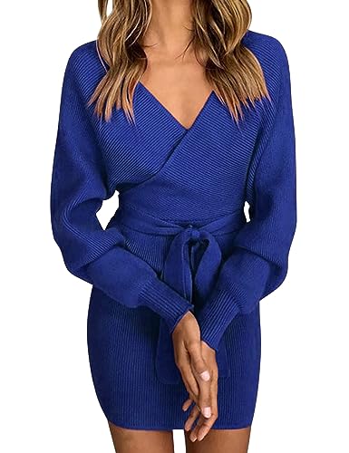 Vancavoo Pulloverkleid Damen V-Ausschnitt Elegant Strickkleid Langarm Pullover Winterkleid Strickpullover Kleid Bodycon Minikleid Sexy Rückenfrei Tunika Kleid Mit Gürtel für Herbst Winter,Blau,L von Vancavoo