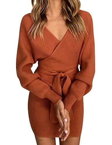 Vancavoo Strickkleid Damen Pulloverkleid V-Ausschnitt Elegant Langarm Pullover Winterkleid Strickpullover Kleid Bodycon Minikleid Sexy Rückenfrei Tunika Kleid Mit Gürtel für Herbst Winter,rostrot XL von Vancavoo