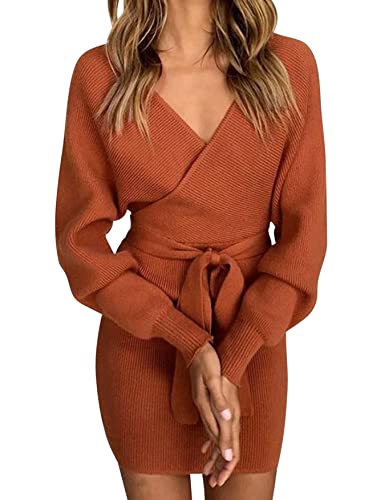 Vancavoo Strickkleid Damen Pulloverkleid V-Ausschnitt Elegant Langarm Pullover Winterkleid Strickpullover Kleid Bodycon Minikleid Sexy Rückenfrei Tunika Kleid Mit Gürtel für Herbst Winter,rostrot M Vancavoo Strickkleid Damen Pulloverkleid V-Ausschnitt Elegant Langarm Pullover Winterkleid Strickpullover Kleid Bodycon Minikleid Sexy Rückenfrei Tunika Kleid Mit Gürtel für Herbst Winter,rostrot M von Vancavoo
