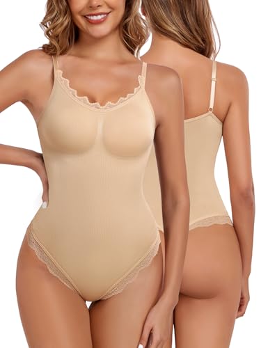Vancavoo Shapewear Damen Bauchweg Body Shaper Skims Bodysuit Stark Formender Shape Spitzen Shapewear String Miederbody Figurformender,Beige,S von Vancavoo