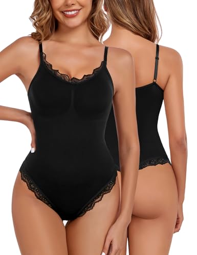 Vancavoo Shapewear Damen Bauchweg Body Shaper Skims Bodysuit Stark Formender Shape Spitzen Shapewear String Miederbody Figurformender,Schwarz,XS von Vancavoo