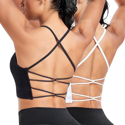 Vancavoo Sport BH Push Up Bustier Bra Damen Bralette Rückenfrei Spaghettiträger Crossback Sport-BHS Gepolstert Gerippt Yoga Fitness,Schwarz+Weiß,L von Vancavoo