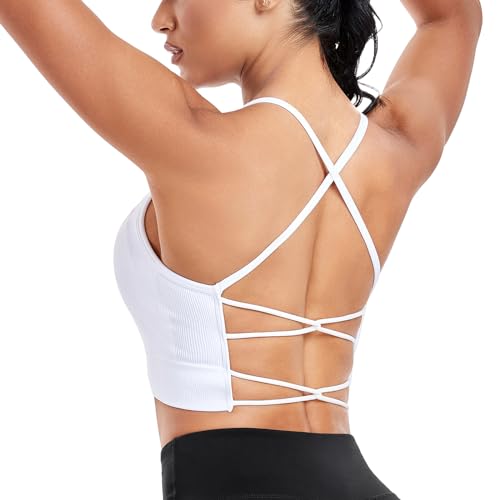 Vancavoo Sport BH Push Up Bustier Bra Damen Bralette Rückenfrei Spaghettiträger Crossback Sport-BHS Gepolstert Gerippt Yoga Fitness,Weiß,S von Vancavoo