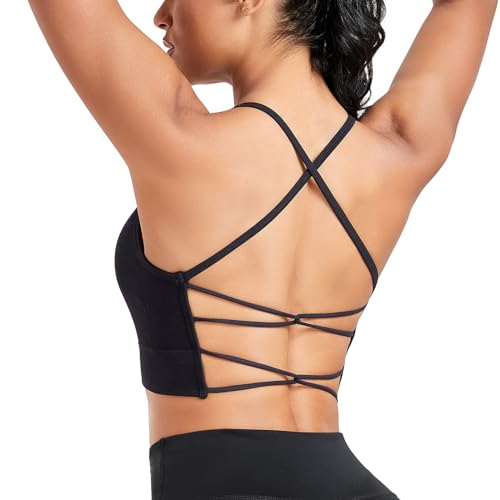 Vancavoo Sport BH Push Up Bustier Bra Damen Bralette Rückenfrei Spaghettiträger Crossback Sport-BHS Gepolstert Gerippt Yoga Fitness,Schwarz,M von Vancavoo