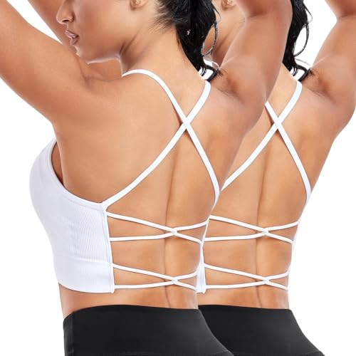 Vancavoo Sport BH Push Up Bustier Bra Damen Bralette Rückenfrei Spaghettiträger Crossback Sport-BHS Gepolstert Gerippt Yoga Fitness,Weiß+Weiß,S von Vancavoo