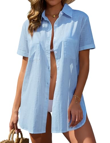 Vancavoo Strandhemd Damen Strandkleid Sommer Strandbluse Kurze Ärmel Strandtunika Lose Button-Down Strandponcho Longbluse Bikini Cover Up,Blau,XXL von Vancavoo