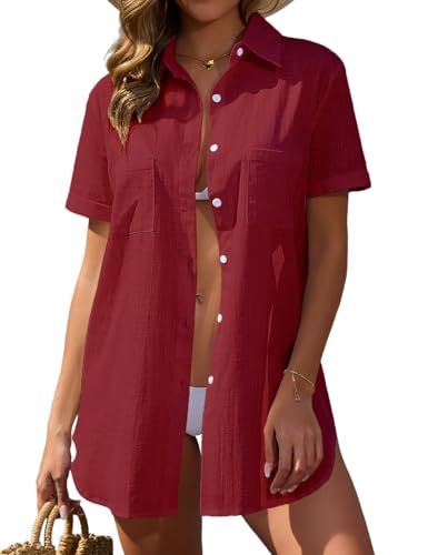 Vancavoo Strandhemd Damen Strandkleid Sommer Strandbluse Kurze Ärmel Strandtunika Lose Button-Down Strandponcho Longbluse Bikini Cover Up,Burgunderrot,XXL von Vancavoo