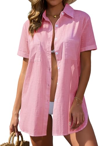 Vancavoo Strandhemd Damen Strandkleid Sommer Strandbluse Kurze Ärmel Strandtunika Lose Button-Down Strandponcho Longbluse Bikini Cover Up,Rosa,L von Vancavoo