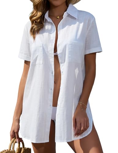 Vancavoo Strandhemd Damen Strandkleid Sommer Strandbluse Kurze Ärmel Strandtunika Lose Button-Down Strandponcho Longbluse Bikini Cover Up,Weiß,XXL von Vancavoo