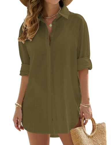 Vancavoo Strandkleid Damen Sommer Strandbluse Strandhemd V-Ausschnitt Strandtunika Lose Button-Down Strandponcho Longbluse Bikini Cover Up,Armeegrün,XL von Vancavoo