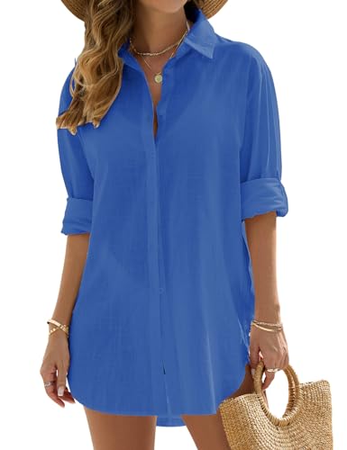 Vancavoo Strandkleid Damen Sommer Strandbluse Strandhemd V-Ausschnitt Strandtunika Lose Button-Down Strandponcho Longbluse Bikini Cover Up,Dunkelblau,M von Vancavoo