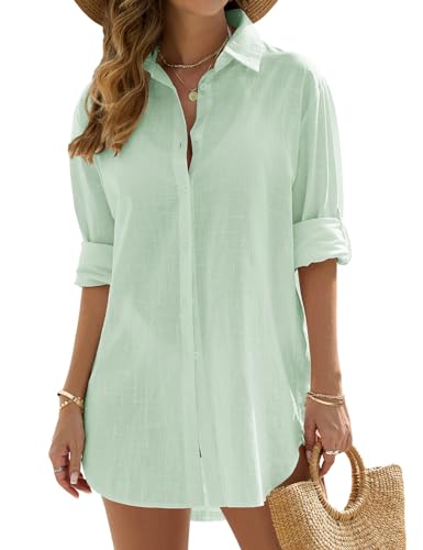 Vancavoo Strandkleid Damen Sommer Strandbluse Strandhemd V-Ausschnitt Strandtunika Lose Button-Down Strandponcho Longbluse Bikini Cover Up,Hellgrün,XL von Vancavoo