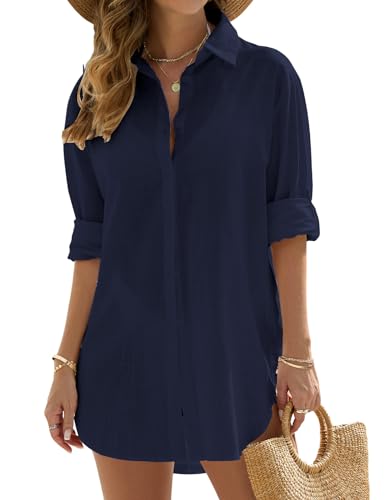 Vancavoo Strandkleid Damen Sommer Strandbluse Strandhemd V-Ausschnitt Strandtunika Lose Button-Down Strandponcho Longbluse Bikini Cover Up,Marineblau,XL von Vancavoo