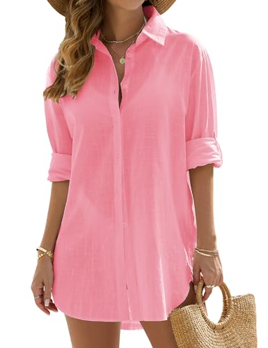 Vancavoo Strandkleid Damen Sommer Strandbluse Strandhemd V-Ausschnitt Strandtunika Lose Button-Down Strandponcho Longbluse Bikini Cover Up,Rosa,M von Vancavoo