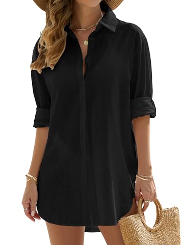Vancavoo Strandkleid Damen Sommer Strandbluse Strandhemd V-Ausschnitt Strandtunika Lose Button-Down Strandponcho Longbluse Bikini Cover Up,Schwarz,L von Vancavoo