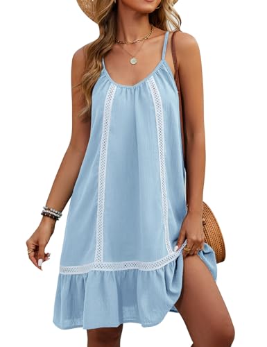 Vancavoo Strandkleid Damen Sommerkleid Leicht Strandtunika Bikini Cover Up Strandponcho Kleider Bademode Trägerkleid,Blau,S von Vancavoo