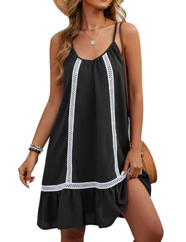 Vancavoo Strandkleid Damen Sommerkleid Leicht Strandtunika Bikini Cover Up Strandponcho Kleider Bademode Trägerkleid,Schwarz,L von Vancavoo