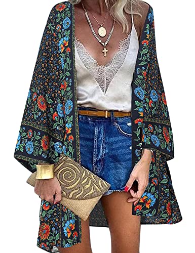 Vancavoo Strandtunika Damen Strandkleid Lang Sommer Pareo Strandtunika Blumendruck Strickjacke Boho Bikini Cover Up Lange Ärmel Strandponcho Beach Cardigan Bademode,Blau+Blume,M von Vancavoo