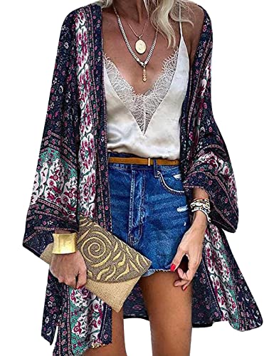 Vancavoo Strandtunika Damen Strandkleid Lang Sommer Pareo Strandtunika Blumendruck Strickjacke Boho Bikini Cover Up Lange Ärmel Strandponcho Beach Cardigan Bademode,Marineblau,L von Vancavoo