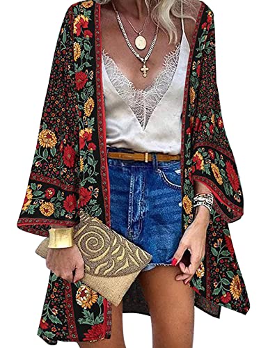 Vancavoo Strandtunika Damen Strandkleid Lang Sommer Pareo Strandtunika Blumendruck Strickjacke Boho Bikini Cover Up Lange Ärmel Strandponcho Beach Cardigan Bademode,Schwarz+Blume,M von Vancavoo